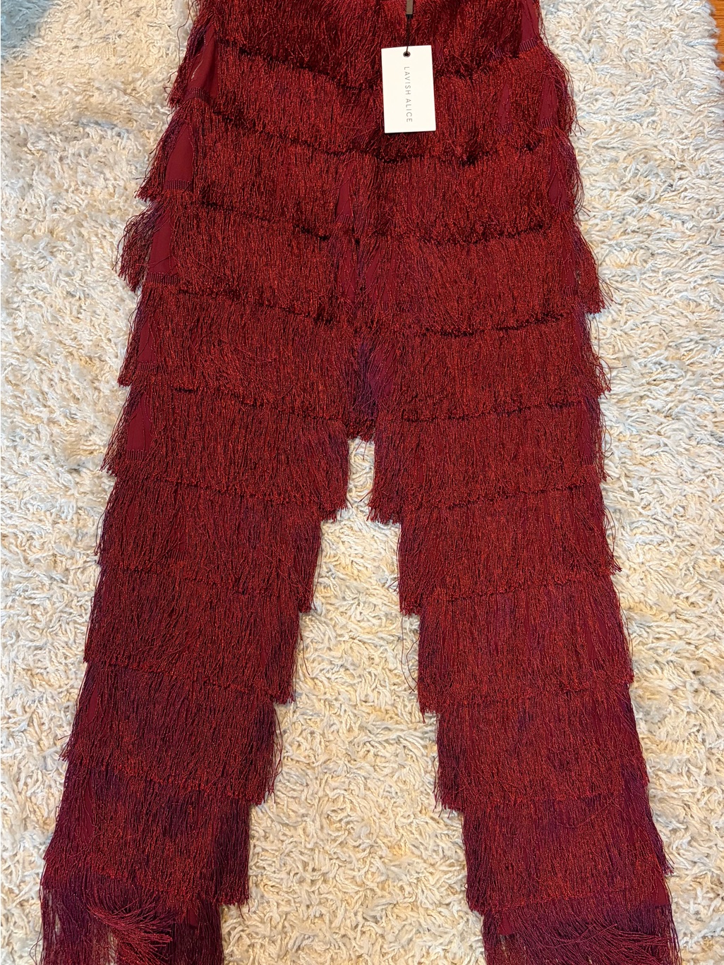 Nwt Lavish Alice Burgundy Fringe High-Waisted Straight-Leg Fun Party Pants — image 2 of 6